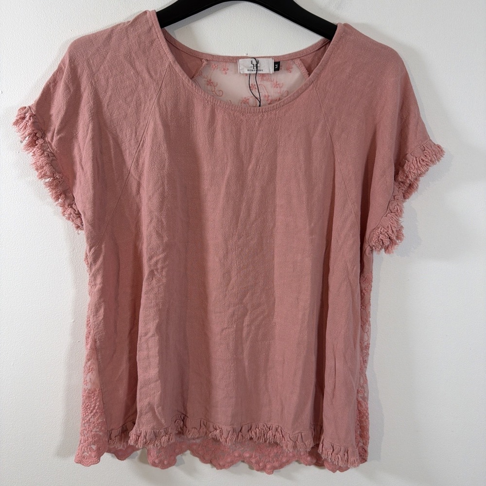 Homebody Gauzy Lacey Back Insert Linen Cotton Top Medium Dusty Pink Boho Fringe